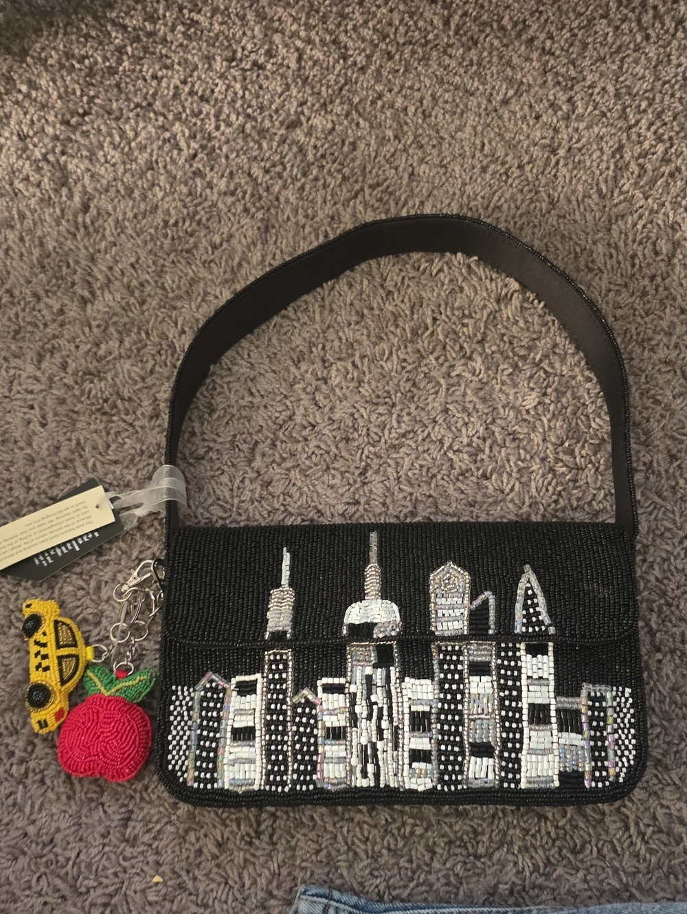 India Boutique Black Beaded City Skyline Clutch with Charms